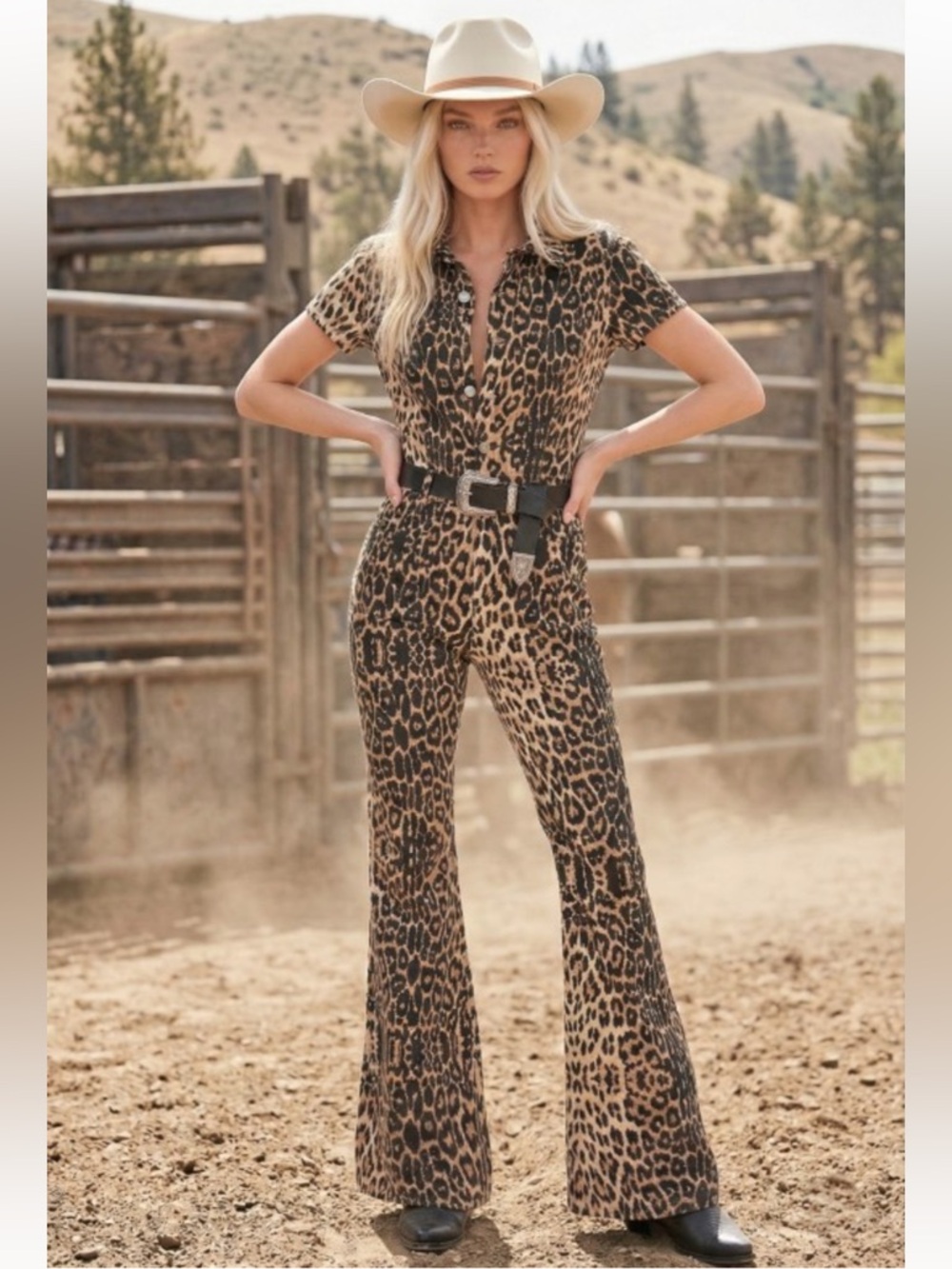 *RESTOCKED* Out In The Wild Leopard Print Denim Jumpsuit